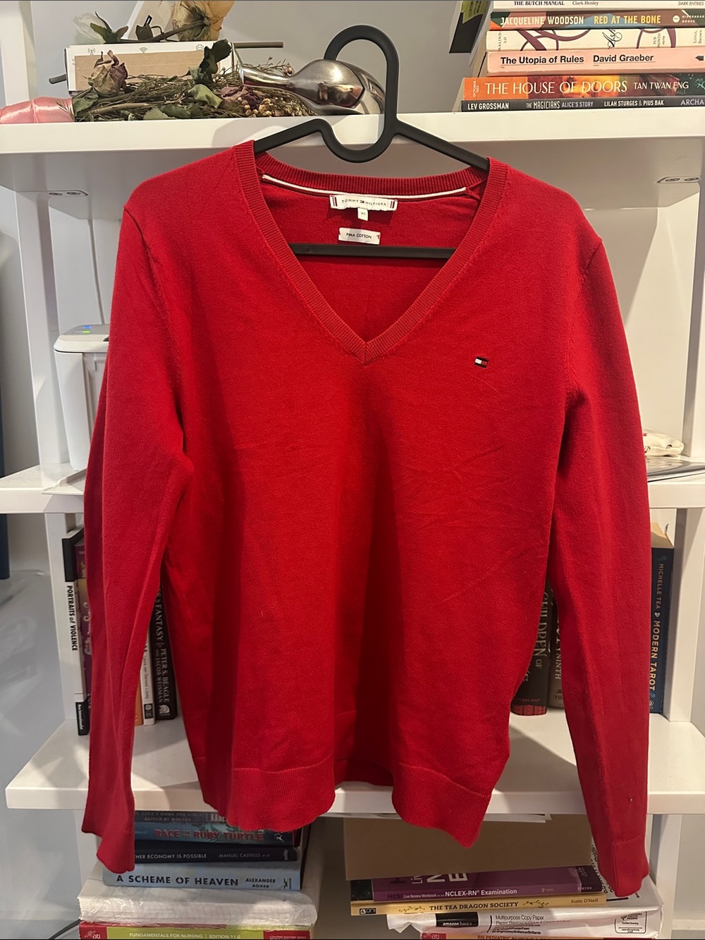 Tommy Hilfiger Red V-Neck Sweater with Signature Flag